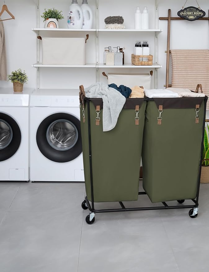 StorageWorks 390L Extra Large Lanudry Hamper with Wheels, 2 Sections Laundry Basket with Wheels, Clothes Sorter Cart with Divider for Hotel, Home, Green, 37.75"L x 17"W x 37.5"H