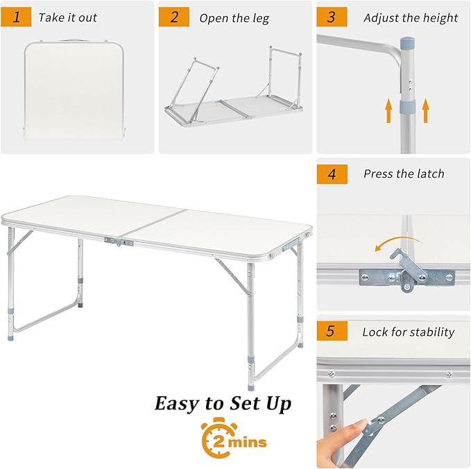 Aluminum Folding Table, Multipurpose Picnic Camping Table, Portable and Adjustable Rectangle Table for Party, Beach, Backyard, BBQ, Indoor and Outdoor, White (4FT-47.2 x 23.6 x 21.3-27.6”)-NeatNest