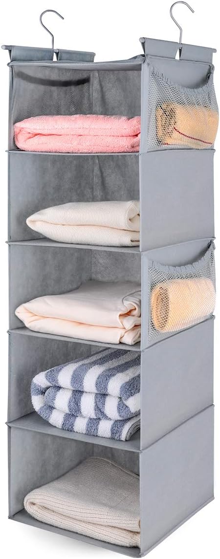 MAX Houser 5 Shelf Hanging Closet Organizer,Space Saver, Closet Hanging Shelves with (4) Side Pockets,Foldable,Light Grey-NeatNest
