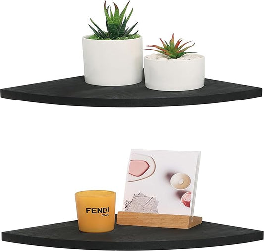 Corner Wall Shelves Set of 2, Rustic Wood Corner Floating Shelves with Cable Raceway, Wall Mount Storage Display for TV Accessories, Baby Monitor (Black, Fan-shaped-10 Inch)-NeatNest