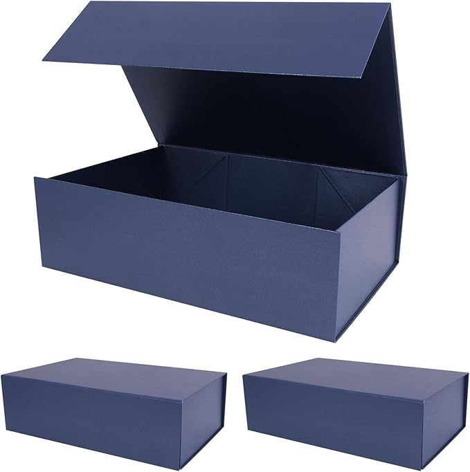 Aimyoo Navy Blue Collapsible Gift Box with Magnetic Closure Lids 13.8x9x4.3 in, Bridesmaid Groomsmen Proposal Box, Large Rectangle Box for Present Graduation Storage 3 Pack (GIFT BOX-NB-L3)-NeatNest