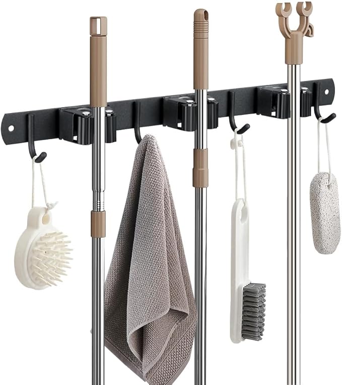 Broom Hanger and Mop Holder, Heavy Duty Garden Tool Organizer Rack Rake and Shovel Handle, Stainless Steel Wall Mounted Utility Rack with Screws (3 Racks with 4 Hooks, Matte Black).-NeatNest