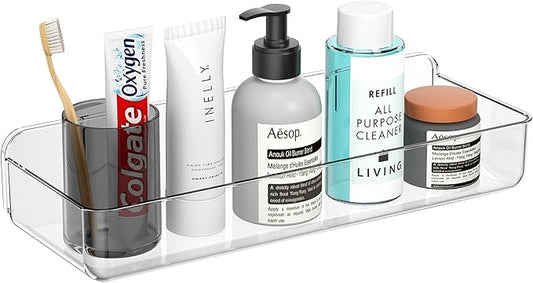 Wall Mounted Storage Organizer Bins Organizing Shelf Basket Clear Plastic Makeup Organizer Adhesive Hanging Bin Fridge Organizer for Bathroom,Kitchen,Cabinet,Pantry,Countertops (13.7×5×2.7”)-NeatNest