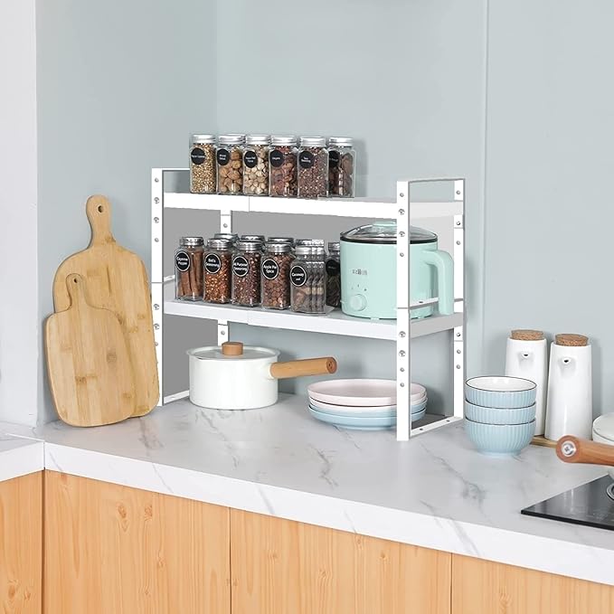 Expandable Stackable Spice Rack Cabinet Shelf Organizer in Cabinets Shelves Kitchen Cupboard Organization Stack up Racks Pantry Countertop Storage Large/White 2 Packs