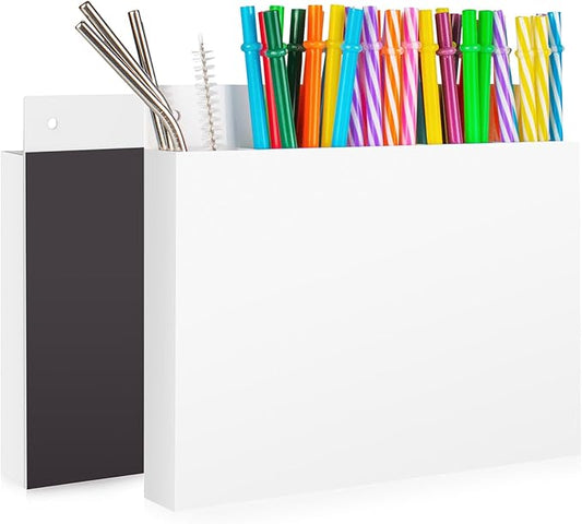 Acrylic Straw Holder for Cabinet Door, Reusable Straw Organizer with Removal Adhesive Tapes, Magnetic Mount, Drinking Straw Storage Container for Kitchen Bar Counter Cupboard 1 Pack