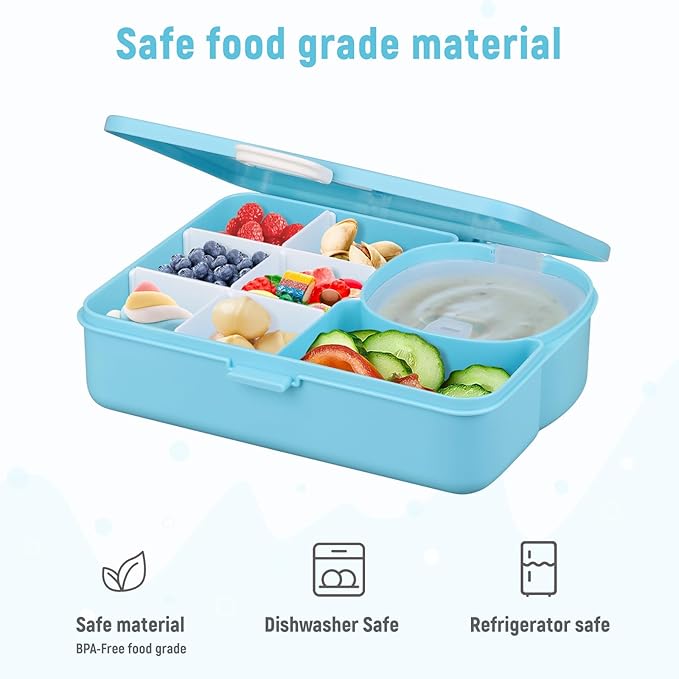 2 Pack Snackle Box Container for Kids,Adjustable Compartments,Reusable Snack Containers with Lids,Easy-Open Latch,Lunch Food Containers,Dishwasher Safe,Leak-Proof Silicone Ring(2 Pack- Blue)-NeatNest