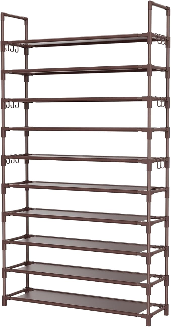 Tall Shoe Rack 10 Tier Shoe Organizer Large Shoe Shelf with 18 Hooks Storage for 50 Pair Sneaker and Boot, Stackable Vertical Shoe Rack Organizer for Closet, Entryway, Bedroom, Brown-NeatNest