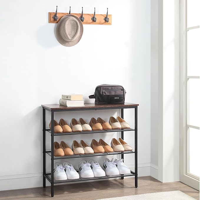 4-Tier Shoe Rack Organizer, Metal Mesh Shoe Storage Shelf, for Entryway, Hallway, Closet, Dorm Room, Industrial, Rustic Brown-NeatNest