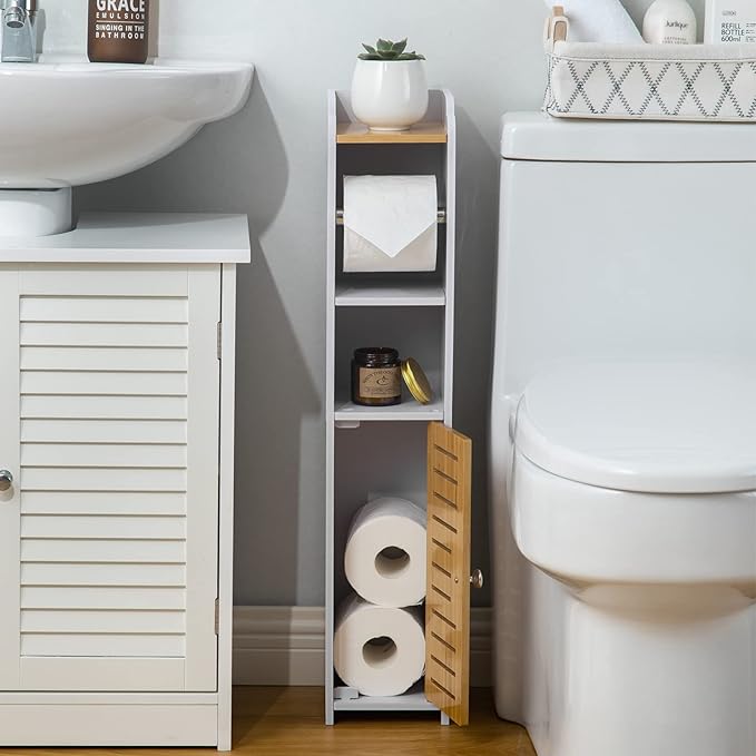 AOJEZOR Toilet Paper Holder Stand: Small Bathroom Storage Cabinet- White&Bamboo-NeatNest