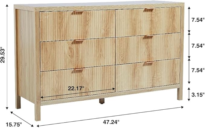 6 Drawer Dresser Cabinet, Long Nightstand with Drawers and Storage Cabinet, Boho Solid Wood Dresser TV Stand, Mid Century Modern Nightstand with 6 Drawer Dresser for Bedroom Closet (Natural)