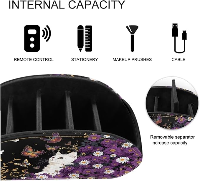 Cute White Cat Butterfly Print TV Remote Control Organizer PU Leather Desktop Storage Box,Table Caddy,Desktop Storage for Media Players/Controllers/Eyeglasses/Makeup Brushes/Pens-NeatNest