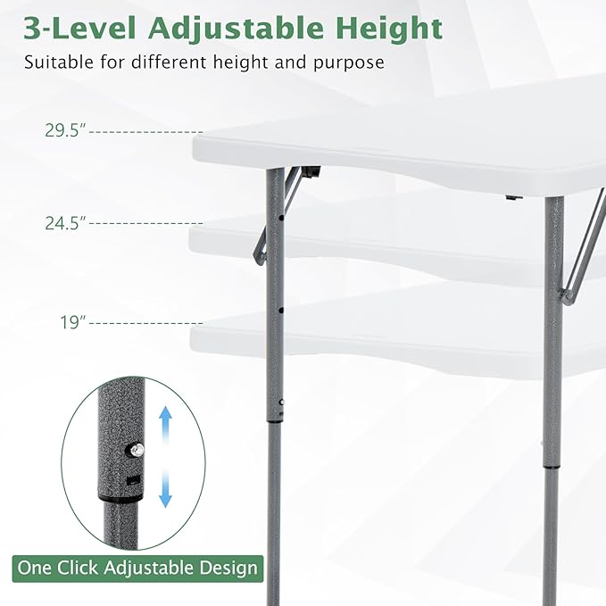 GYMAX Folding Table, 4FT Portable Plastic Picnic Table with 3 Adjustable Height & Handle, Fold-in-Half 330LBS Heavy Duty Foldable Table for Indoor Outdoor Party, Wedding, Camping, Dining-NeatNest