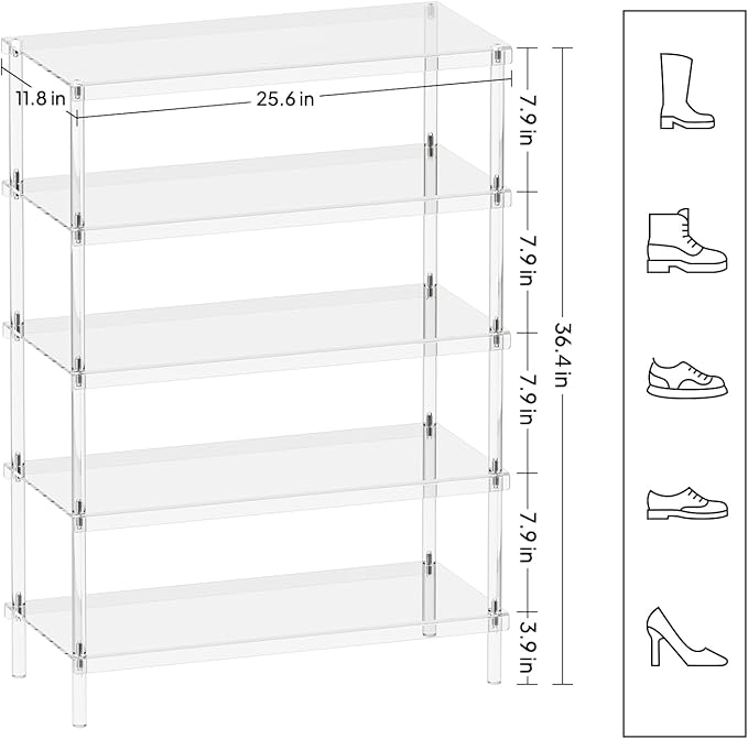 Aquiver 5-Tier Acrylic Shoe Rack - Clear Shoe Rack Organizer - Modern Shoe Storage Shelf, Holds 15-18 Pairs of Shoes for Entryway, Closet - 25.6'' L x 11.8'' W x 36.4'' H, Easy Assembly & Clean-NeatNest