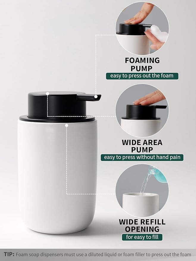 Bosilunlife Soap Dispenser and Toothbrush Holder Set - 11Oz Foam Soap Dispenser Pump Ceramic Bathroom Counter Soap Toothbrush Holder Set White Bathroom Accessories Set-NeatNest