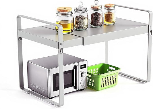 Expandable Cabinet Shelf Organizer 14-25 Inch Adjustable Length, 11" Wide 2-Tier (8" Bottom Layer) Metal Storage Rack for Kitchen Pantry, Under Sink Countertop - Heavy Duty White(1 Pack)-NeatNest