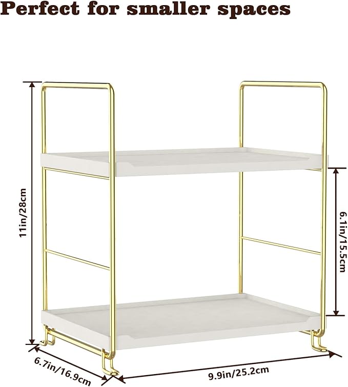 2-Tier Kitchen Spice Rack - Freestanding Stackable Bathroom Countertop Storage Shelf - Cosmetic Organizer Holder- Square Standing Rack (Golden)-NeatNest