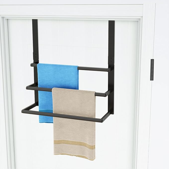 16Inch Over The Door Towel Rack, DOKU Stainless Steel Door Towel Hanger, Over Door Towel Holder with 3 Tier Towel Bars, Over Door Towel Storage for Bathroom, Matte Black