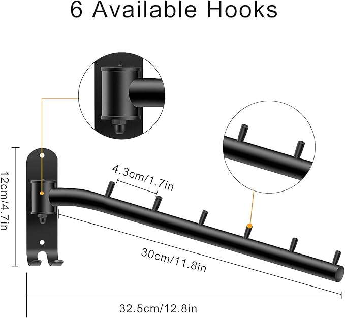 2-Pack Wall Mounted Folding Clothes Hanger Rack, Stainless Steel Clothes Hooks with Swing Arm Holder Space Saving Clothing Hanging System Closet Storage Organizer Heavy Duty Drying Rack (Black)