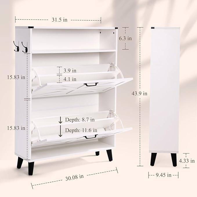 Shoe Storage Cabinet for Entryway - Narrow Shoe Rack Cabinet with 2 Flip Drawers, Shoe Organizer with Adjustable Shelves Free Standing Slim Hidden Shoe Cabinet with Hooks for Hallway Foyer Garage-NeatNest