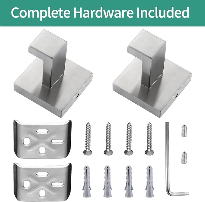 4 Pack Towel Hooks Brushed Nickel Hand Towel Holder for Bathroom Wall Bedroom Kitchen Heavy Duty Stainless Steel Hook Hanger for Robe, Bath Towel, Coat Wall Mounted Hook (Square Base)