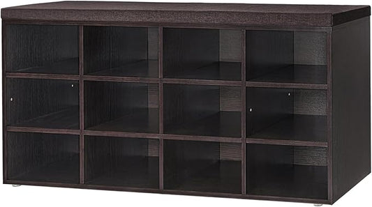 DINZI LVJ Shoe Storage Bench with Cushion, Cubby Shoe Rack with 12 Cubbies, Adjustable Shelves, Multifunctional Shoe Organizer Bench for Entryway, Mudroom, Hallway, Closet and Garage, Espresso-NeatNest