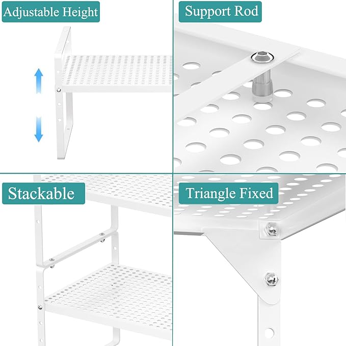 Expandable Kitchen Cabinet Shelf Organizer, Stackable Metal Pantry Storage Shelves, Adjustable Counter Shelf Organizer Rack for Kitchen Cabinets, Cupboard, Countertop, Closet, White-NeatNest