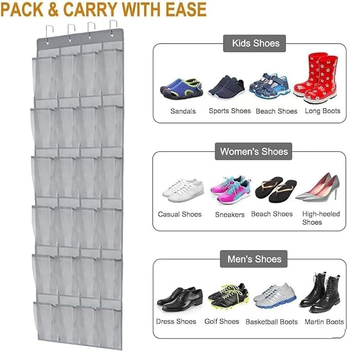 Over the Door Shoe Organizer Shoe Rack for Door Hanging Shoe Organizer (Grey, 24 pockets)-NeatNest