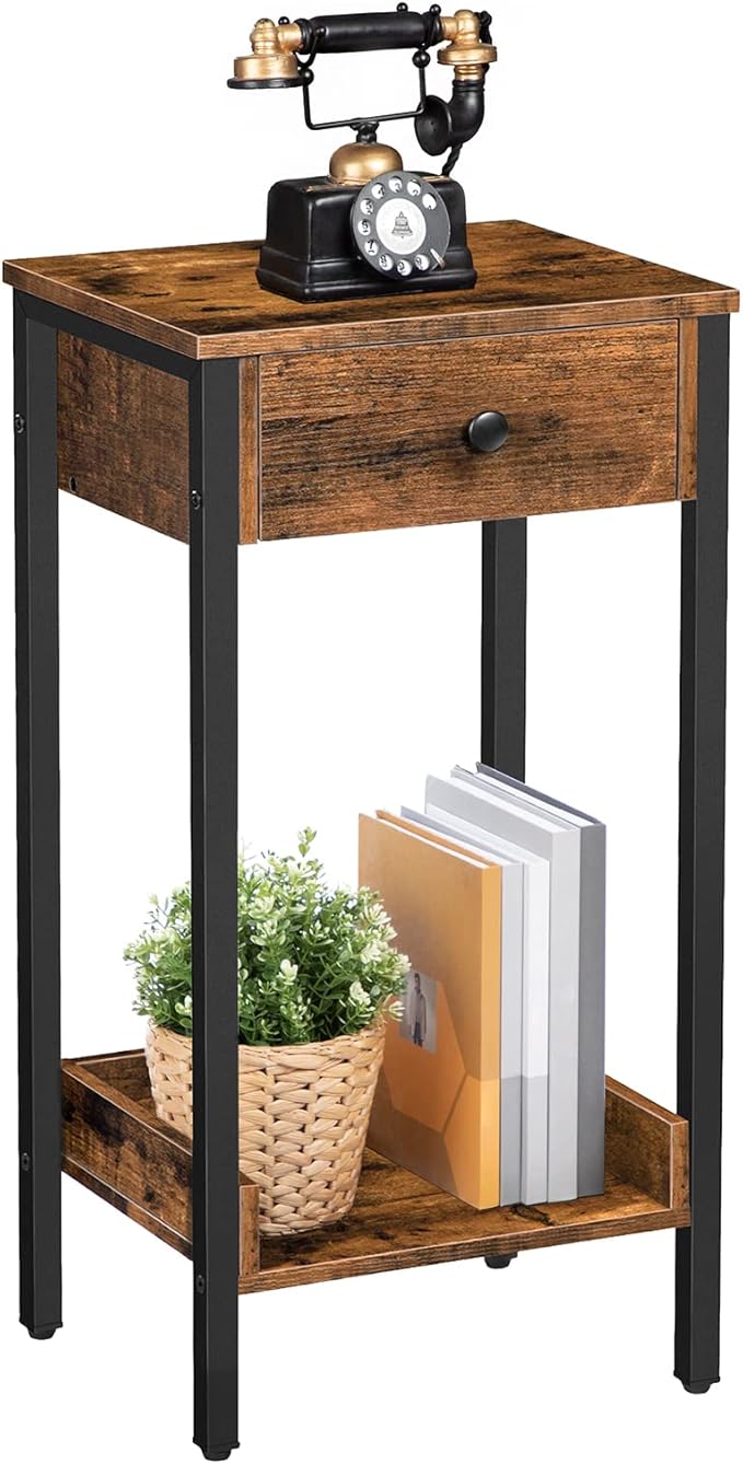 HOOBRO Tall End Table, Nightstand, Industrial Side Table with Drawer and Storage Shelf, for Study, Bedroom, Space Saving, Rustic Brown and Black BF71BZ01