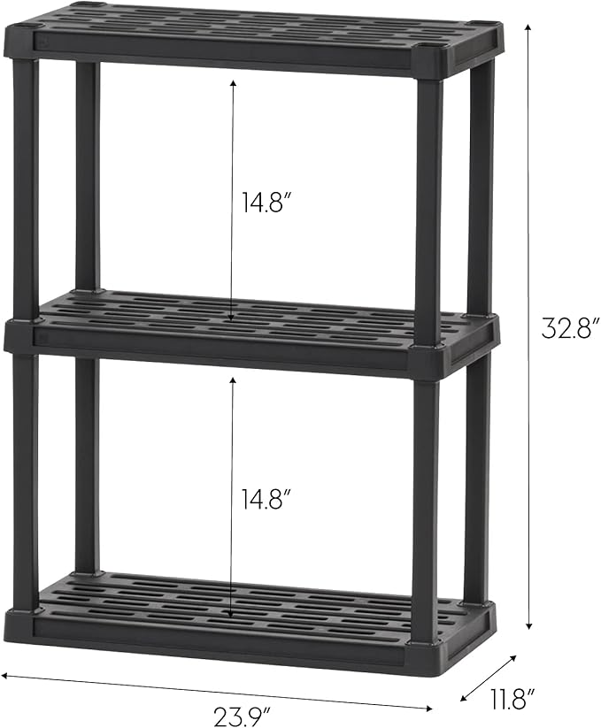 IRIS USA 3-Shelf Light Duty Plastic Storage Shelves, 150lb Capacity, 33"H x 24"W x 12"D, Medium Modular Shelving Unit Storage Organizer for Bathroom, Laundry, Garage & Home, Storage Rack - Black