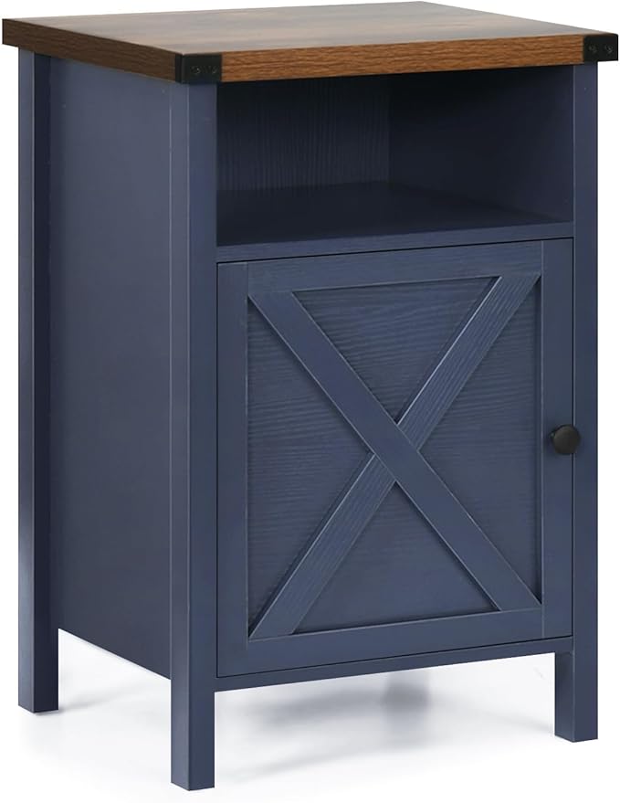 Catrimown Farmhouse Nightstand with Barn Door and Shelf, Side Table, Rustic End Table for Bedroom, Living Room, Navy Blue-NeatNest