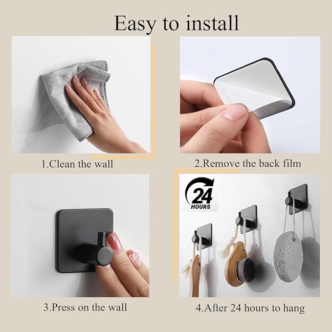 6 Pack Wall Sticky Hooks Adhesive, Self Adhesive Towel Hook, Small Stick on Hooks for Hanging Coat Key Bathrooms Kitchen, Black