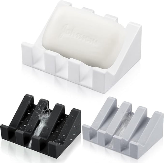 Cunhill 3 Pieces Silicone Soap Dish Self Draining Soap Dish Shower Waterfall Bar Soap Holder Tray with Drain Soap Saver for Kitchen Bathroom Accessories (Light Gray,Bright White,Black)-NeatNest