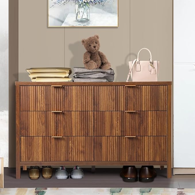 6 Drawer Dresser Cabinet, Long Nightstand with Drawers and Storage Cabinet, Farmhouse Solid Wood Dresser TV Stand, Mid Century Modern Nightstand with 6 Drawer Side Table for Bedroom Closet (Walnut)