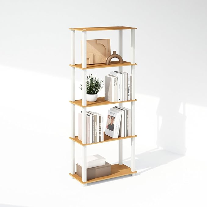 Furinno Turn-S-Tube 3-Tier Compact Multipurpose Shelf Display Rack with Square Tube, Beech/White, Set of 2-NeatNest