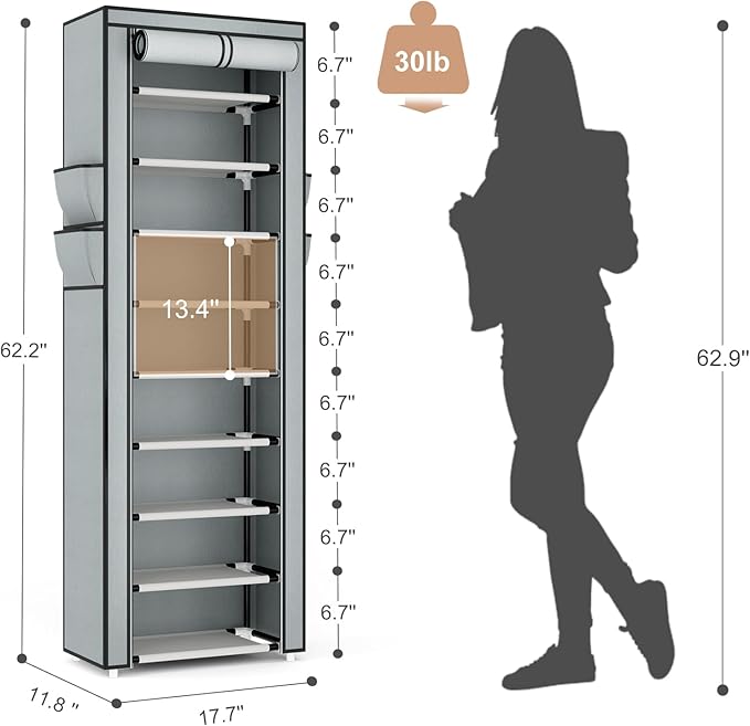 Shoe Rack with Cover Narrow Shoe Rack Organizer with 4 Side Pockets 10 Tier Tall Shoe Storage Shoe Shelf Holds 18-22 Pairs Shoes and Boots Shoe Rack for Closet, Grey-NeatNest