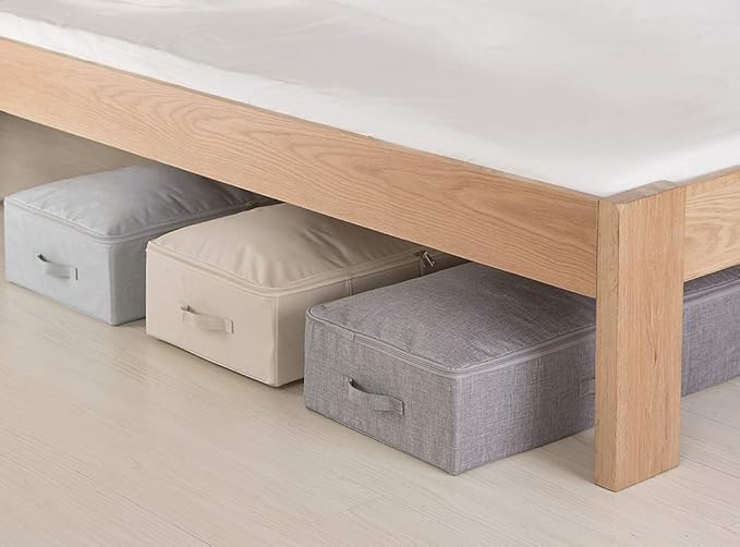 3Pcs Collapsible Rigid Underbed Storage Bins, 27.5 * 15.7 * 7", Folding Fabric Storage Boxes for Clothing, Blankets, Shoes in Closet, Wardrobe, Beige-NeatNest