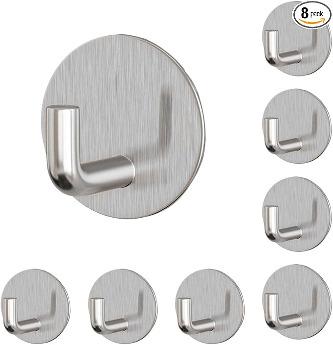 8 Pack Silver Adhesive Wall Hooks, Towel Hooks for Bathrooms, Sticky Hooks for Hanging, Stick on Wall Mount for Bathroom Kitchen Bedroom No Drill