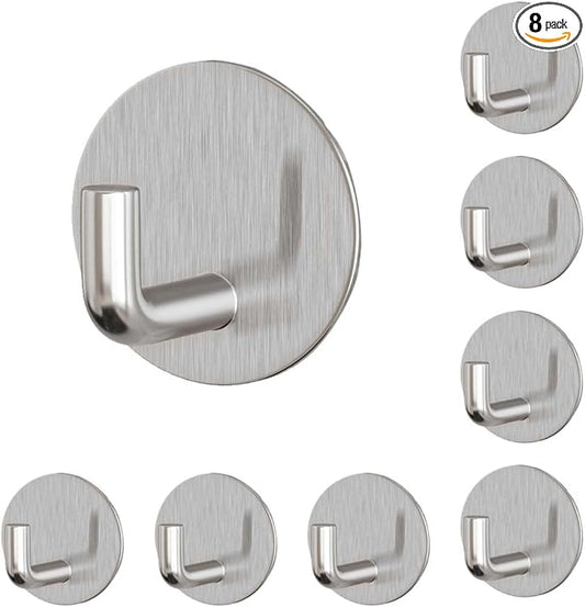 8 Pack Silver Adhesive Wall Hooks, Towel Hooks for Bathrooms, Sticky Hooks for Hanging, Stick on Wall Mount for Bathroom Kitchen Bedroom No Drill