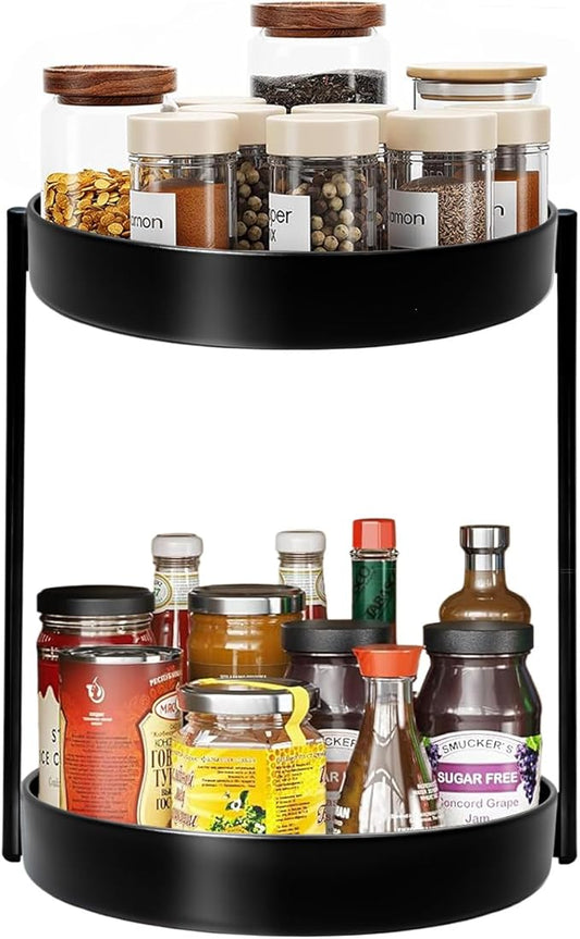 2 Tier Metal Lazy Susan Organizer, 12 Inch Rotating Turntable Double Lazy Susans for Cabinet Kitchen Bathroom, Anti-Rust Two Tiered Spinner Tray Carousel Organizer for Spice Rack Countertop Black-NeatNest