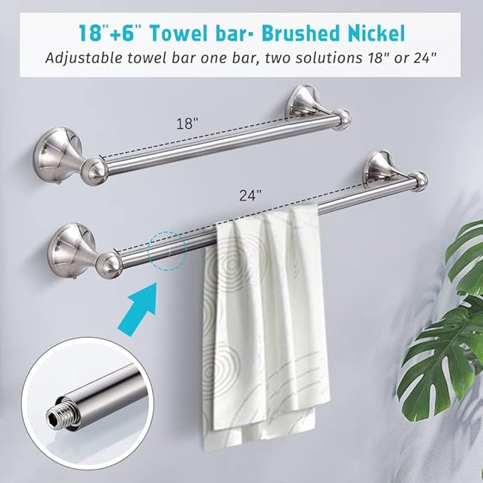 4 Piece Bathroom Accessory Set(Adjustable Towel Bar, Towel Ring, Toilet Paper Holder,Towel Hook), Wall Mounted Bathroom Hardware Accessories Set,Brushed Nickel