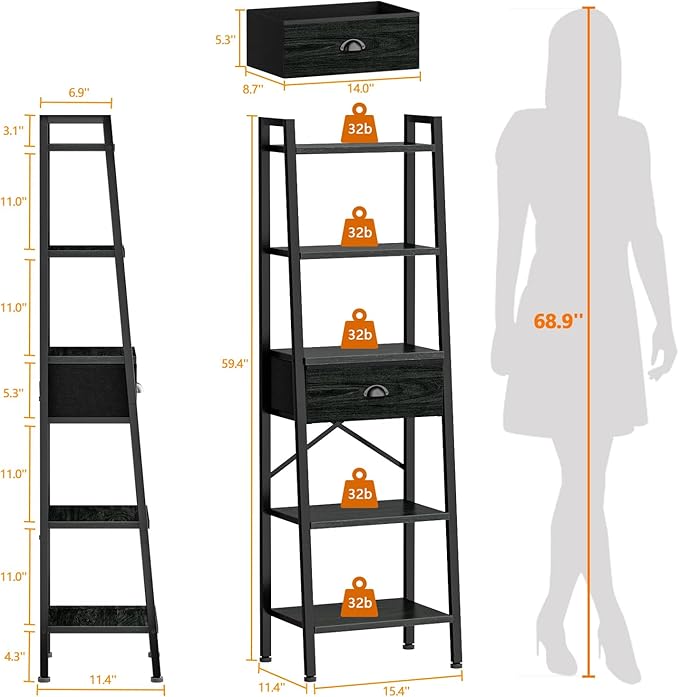 Furologee 5 Tier Bookshelf, Ladder Shelf with Drawer, Tall and Narrow Bookcase, Storage Shelves Organizer,Industrial Display Standing Units for Bathroom,Kitchen,Bedroom,Living Room,Black Oak