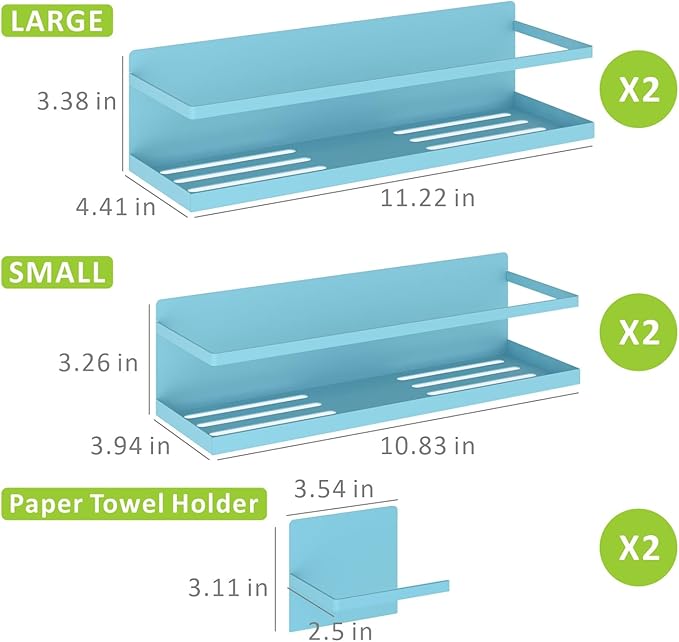 Magnetic Spice Rack For Refrigerator - Fridge Shelf Organizer, Blue 4 Pack With Magnetic Paper Towel Holder