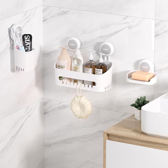 LUXEAR 3 Packs Shower Caddy Suction Cup Set - Shower Shelf+Soap Dish+Toothbrush Holder - 1 Second Installation NO-Drilling Removable Powerful Waterproof Shower Organizer for inside Shower Bathroom