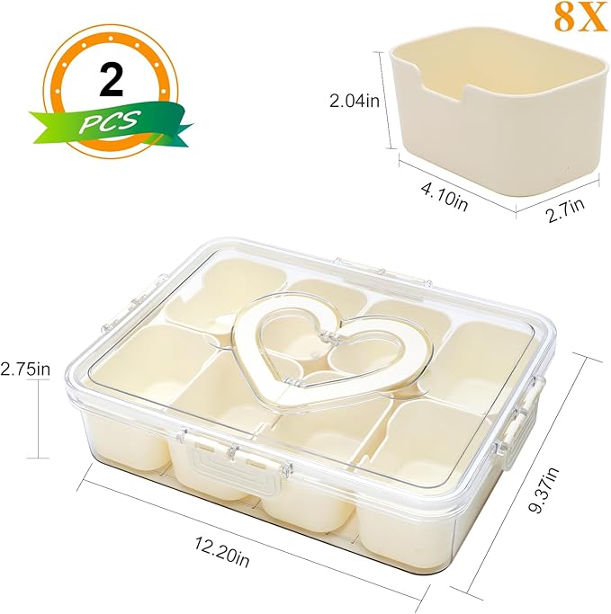 2 Pack Snackle Box Container,snack box-Divided Serving Tray with Lid and Handle with 8 Compartment,Portable Snack Serving Platters Reusable Storae Organizer for Fruits,Nuts,Candy,Party,Picnic-NeatNest