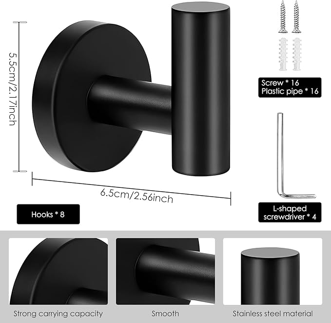 4PCS Bathroom Towel Hook, Black Coat Robe Hook Matte Black, Stainless Steel Wall Hook for Bathroom Bedroom Kitchen Cabinet Closet Hotel, Heavy Duty Drill-Installed Door/Wall Hanger