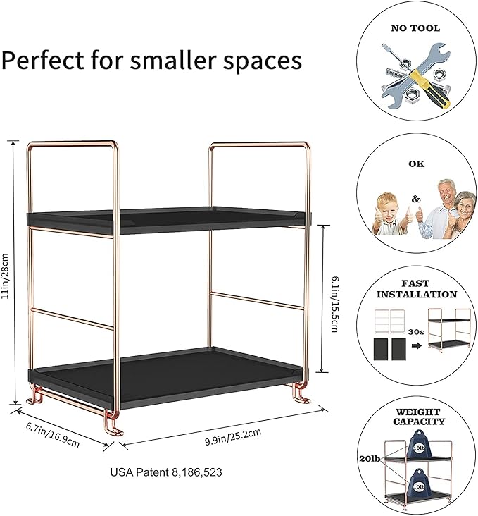 2-Tier Bathroom Countertop Organizer, Vanity Tray Cosmetic & Makeup Storage, Kitchen Spice Rack Standing Shelf, Corner Storage Shelf, Rose Gold&Black-NeatNest