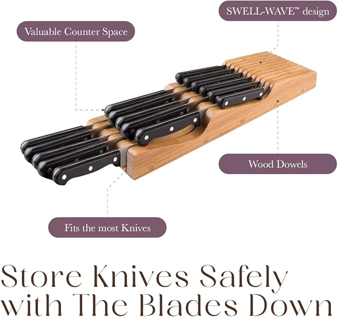 Bellemain 100% Pure Bamboo in Drawer Knife Block | 16 Knife Slots Knife Drawer Organizer | Store Knives Safely with The Blades Down | Storage Solution for Your Kitchen | Knife Organizer Drawer Insert-NeatNest