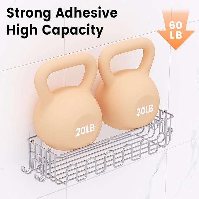Adhesive Shower Caddy: 2 Bonus Hooks, 4-Pack Wall Mounted Bathroom Storage Shelf, Rustproof Metal Basket Organizer for Kitchen & Bathroom No Drill Grey
