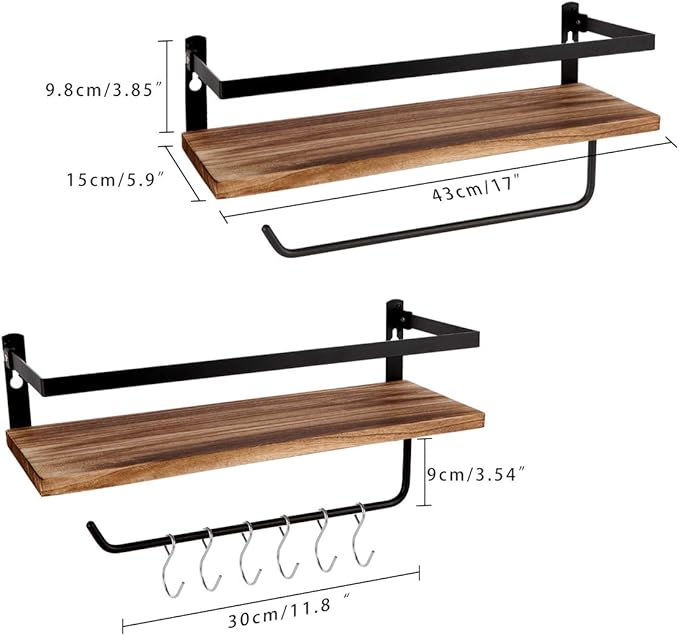 Floating Shelves,Wall Mounted Shelf for Kitchen,Living Room,Bedroom,Bathroom Storage,Rustic Wood,Set of 2(Carbonized Black)