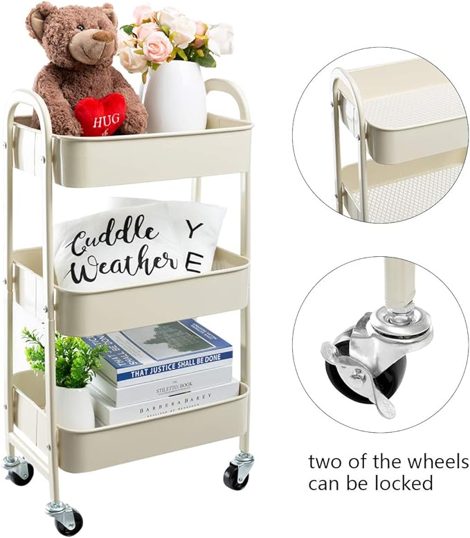AGTEK Makeup Cart, Movable Rolling Organizer Cart,3 Tier Metal Utility Cart, Beige-NeatNest